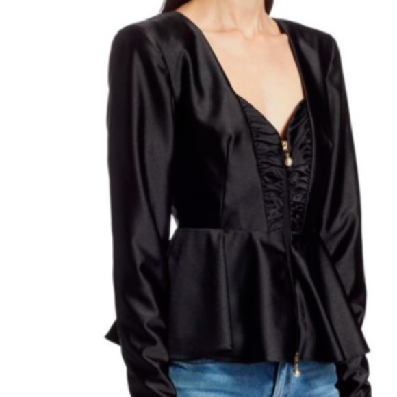 ROTATE BIRGER CHRISTENSEN Elegant Annie Padded Shoulder Black Satin Peplum Top S - Picture 2 of 6